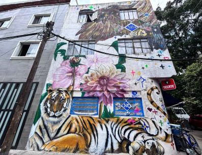 El “corazón de Corea del Sur” quedó plasmado en el muro lateral de la tienda de don Néstor, ubicada en el cruce de las Calles Libertad y Bélgica. ESPECIAL/Gobierno de Guadalajara