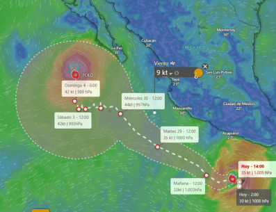 Se prevén lluvias moderadas a puntualmente fuertes entre los días martes y jueves, especialmente en las regiones Costa Sur, Costa-Sierra Occidental, Sierra de Amula y Sur. windy.com